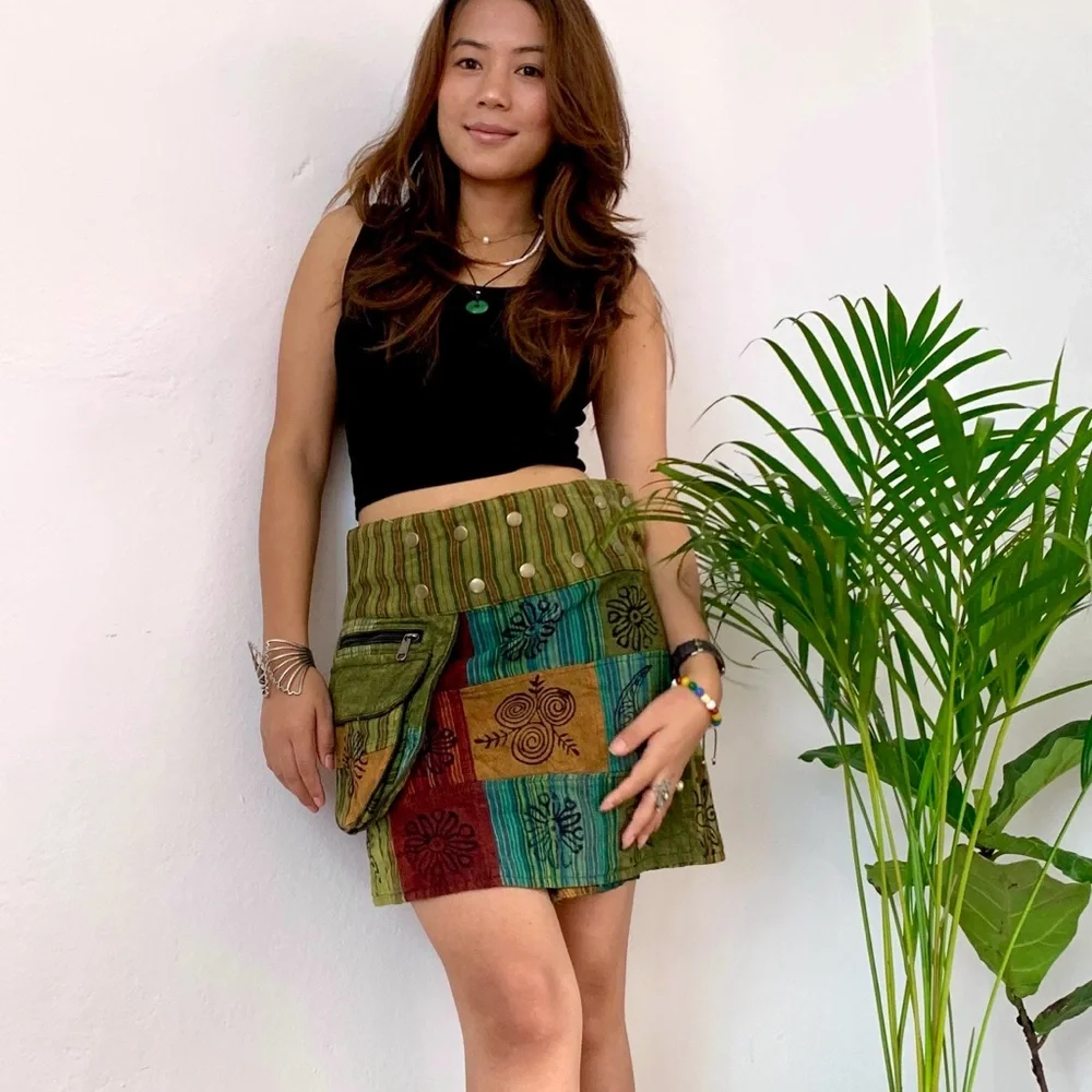Patchwork Cotton Wrap Skirt with Blockprint - Picture 6 of 13